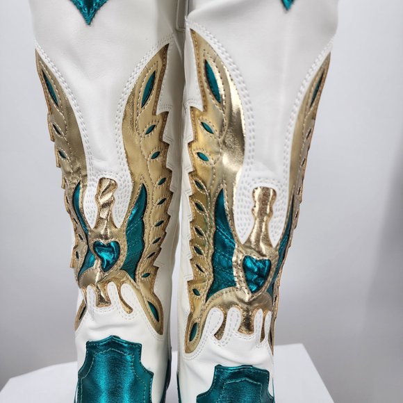 AZALEA WANG Apolline White Tall Cowboy Boots Turquoise & Gold Accents 6-10 NIB - Picture 10 of 12